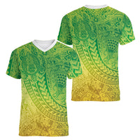 Hawaiian Turtles and Leis Women V-Neck T-Shirt Tribal Kakau Pattern Fresh Summer Vibe