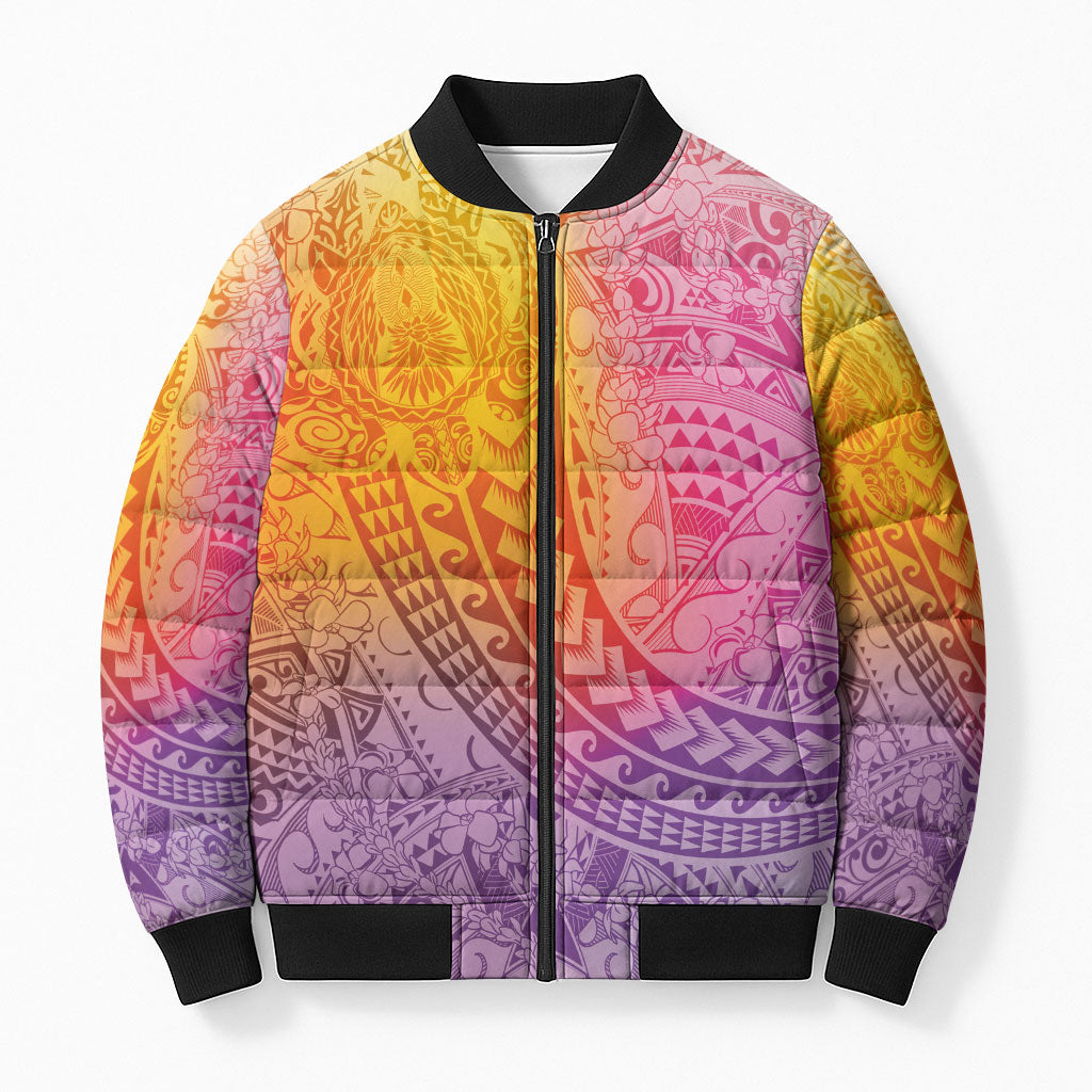 Hawaiian Turtles and Leis Bomber Puffer Jacket Tribal Kakau Pattern Magical Rainbow Sky LT03 Unisex Multicolor - Polynesian Pride