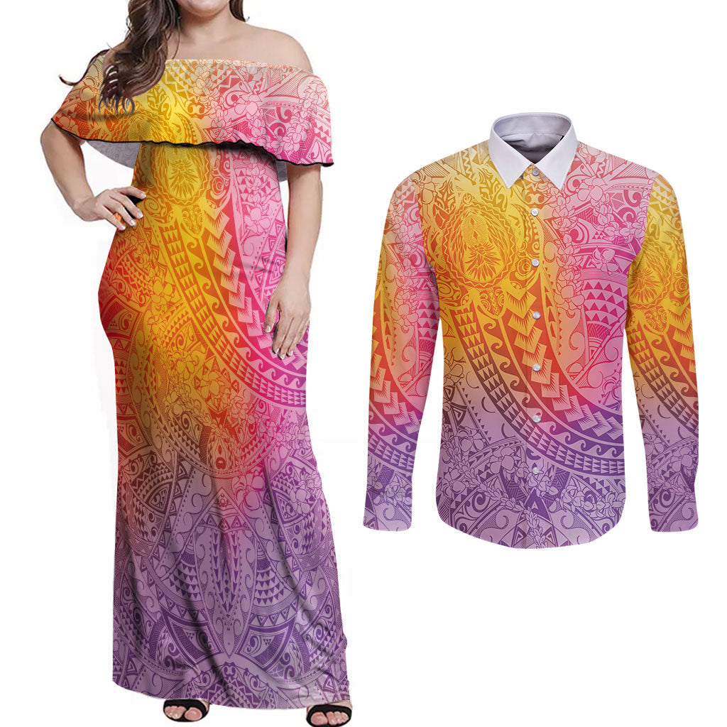 Hawaiian Turtles and Leis Couples Matching Off Shoulder Maxi Dress and Long Sleeve Button Shirt Tribal Kakau Pattern Magical Rainbow Sky