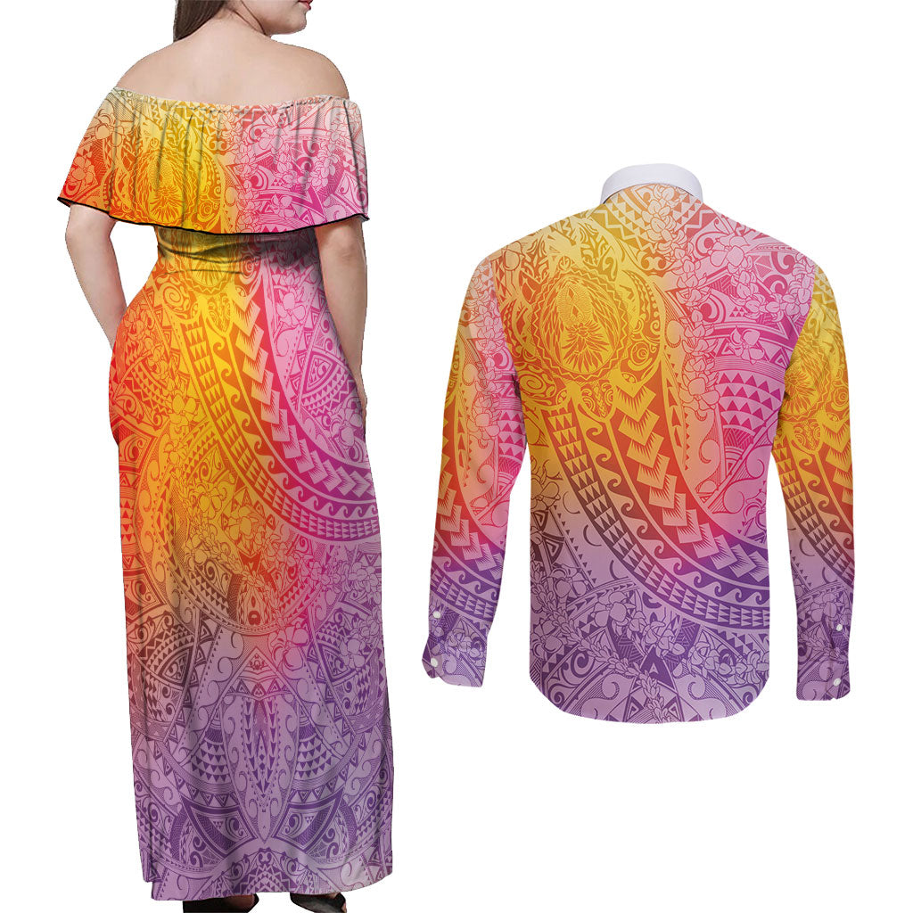 Hawaiian Turtles and Leis Couples Matching Off Shoulder Maxi Dress and Long Sleeve Button Shirt Tribal Kakau Pattern Magical Rainbow Sky