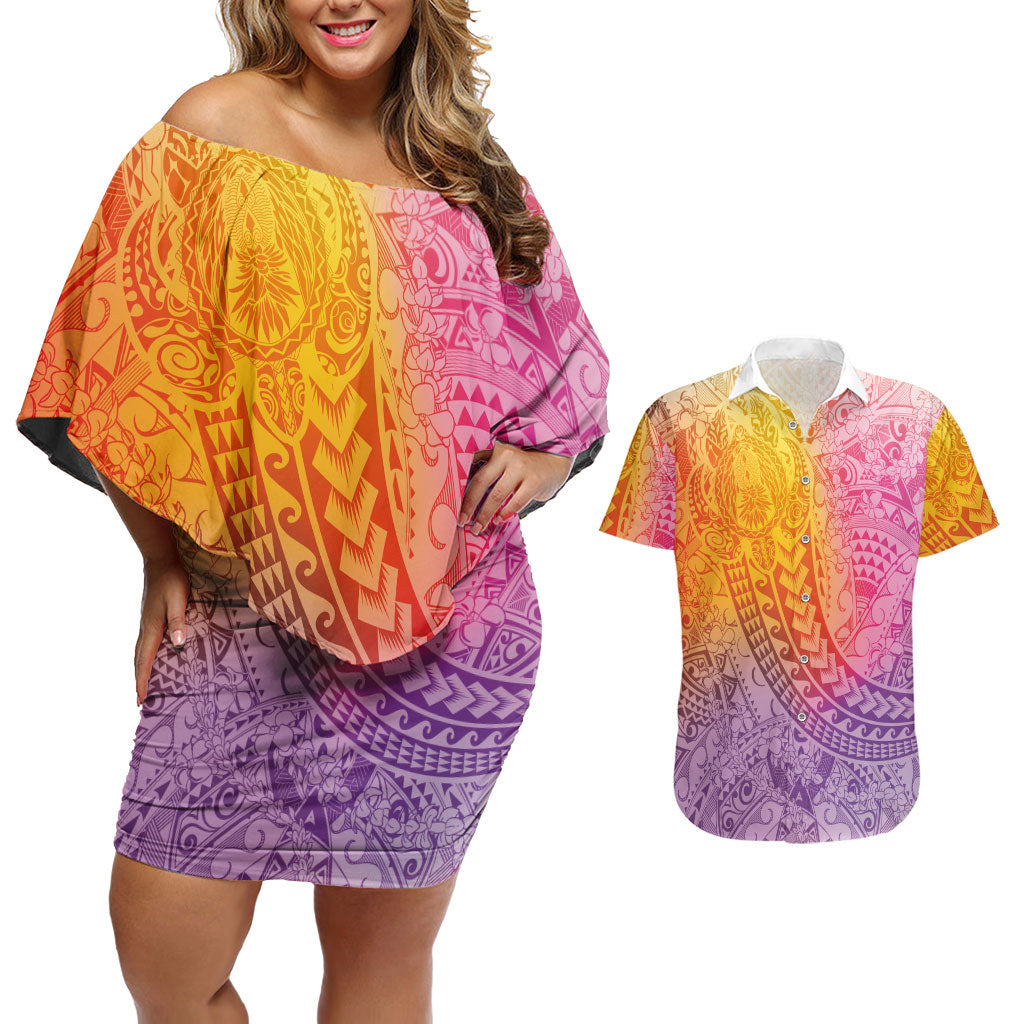 Hawaiian Turtles and Leis Couples Matching Off Shoulder Short Dress and Hawaiian Shirt Tribal Kakau Pattern Magical Rainbow Sky