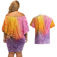 Hawaiian Turtles and Leis Couples Matching Off Shoulder Short Dress and Hawaiian Shirt Tribal Kakau Pattern Magical Rainbow Sky