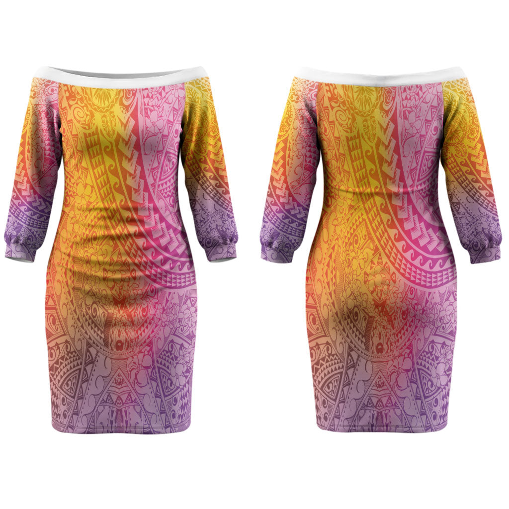 Hawaiian Turtles and Leis Couples Matching Off The Shoulder Long Sleeve Dress and Hawaiian Shirt Tribal Kakau Pattern Magical Rainbow Sky LT03 - Polynesian Pride