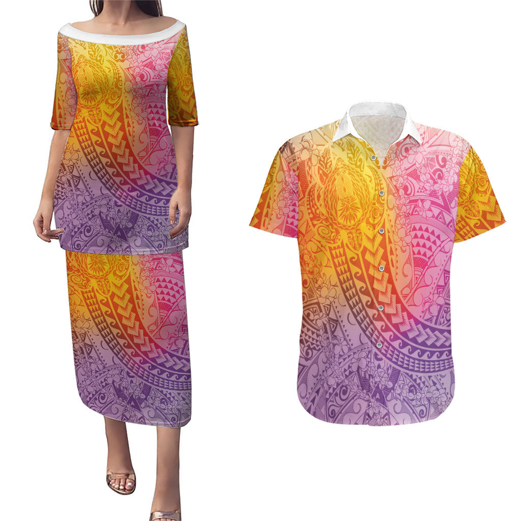 Hawaiian Turtles and Leis Couples Matching Puletasi and Hawaiian Shirt Tribal Kakau Pattern Magical Rainbow Sky