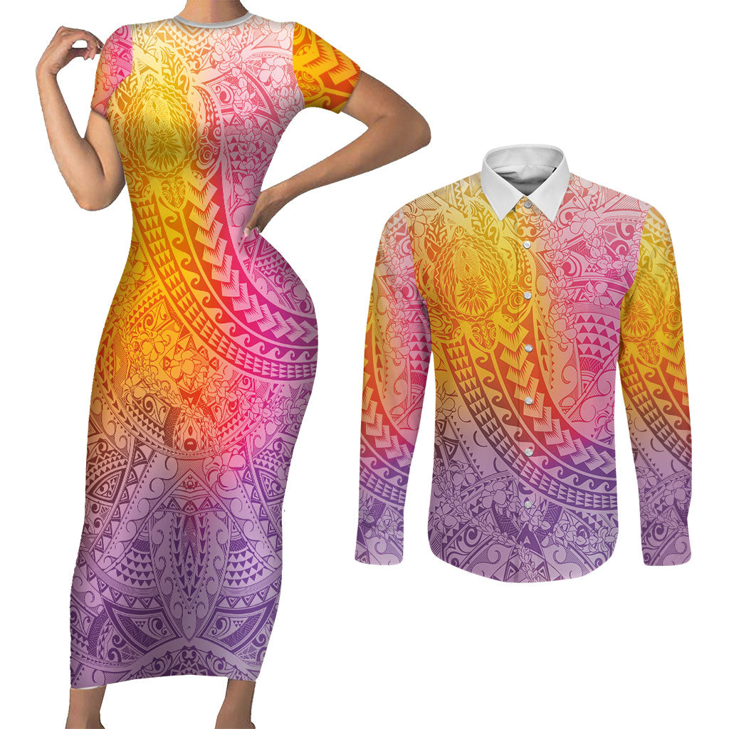 Hawaiian Turtles and Leis Couples Matching Short Sleeve Bodycon Dress and Long Sleeve Button Shirt Tribal Kakau Pattern Magical Rainbow Sky LT03 Multicolor - Polynesian Pride