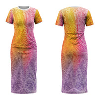 Hawaiian Turtles and Leis Couples Matching Short Sleeve Bodycon Dress and Long Sleeve Button Shirt Tribal Kakau Pattern Magical Rainbow Sky LT03 - Polynesian Pride