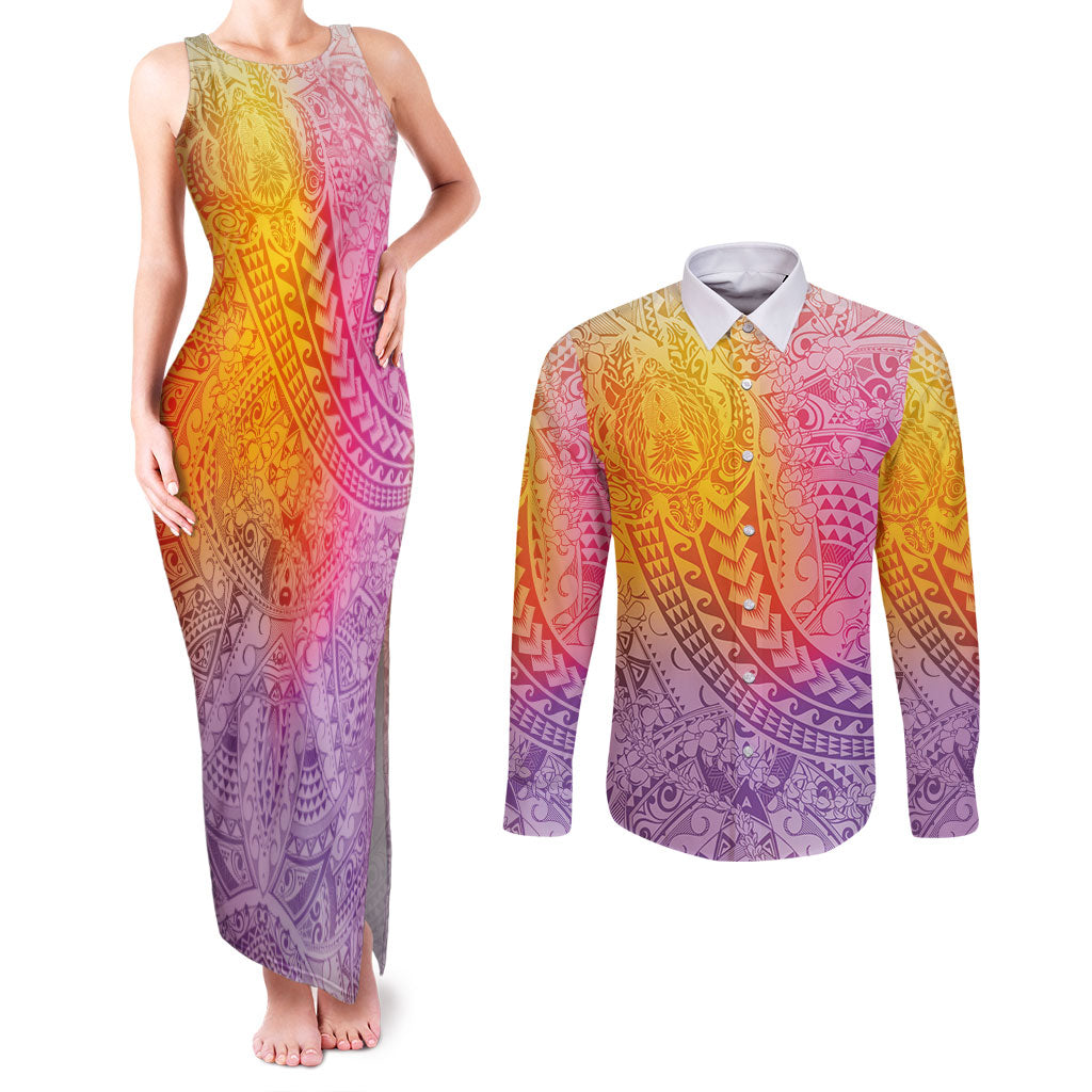 Hawaiian Turtles and Leis Couples Matching Tank Maxi Dress and Long Sleeve Button Shirt Tribal Kakau Pattern Magical Rainbow Sky LT03 Multicolor - Polynesian Pride