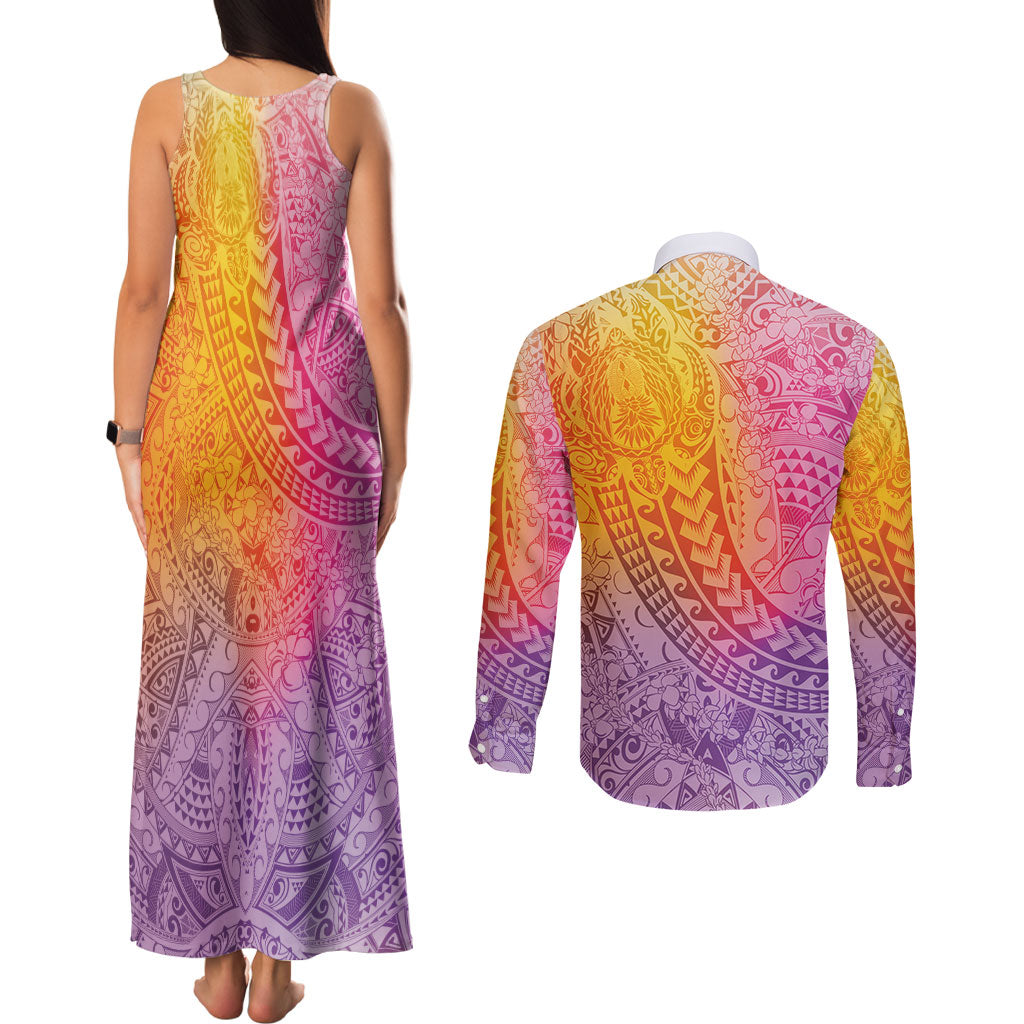 Hawaiian Turtles and Leis Couples Matching Tank Maxi Dress and Long Sleeve Button Shirt Tribal Kakau Pattern Magical Rainbow Sky