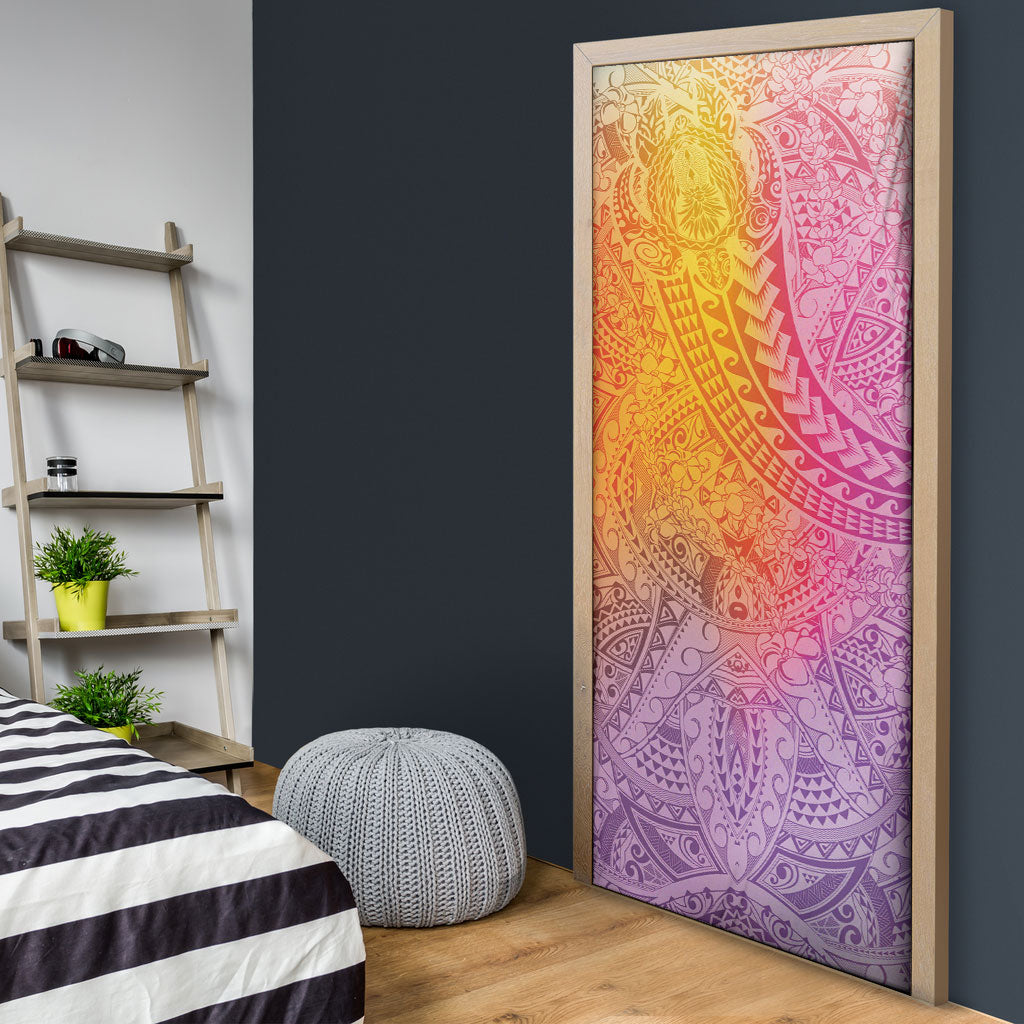 Hawaiian Turtles and Leis Door Cover Tribal Kakau Pattern Magical Rainbow Sky