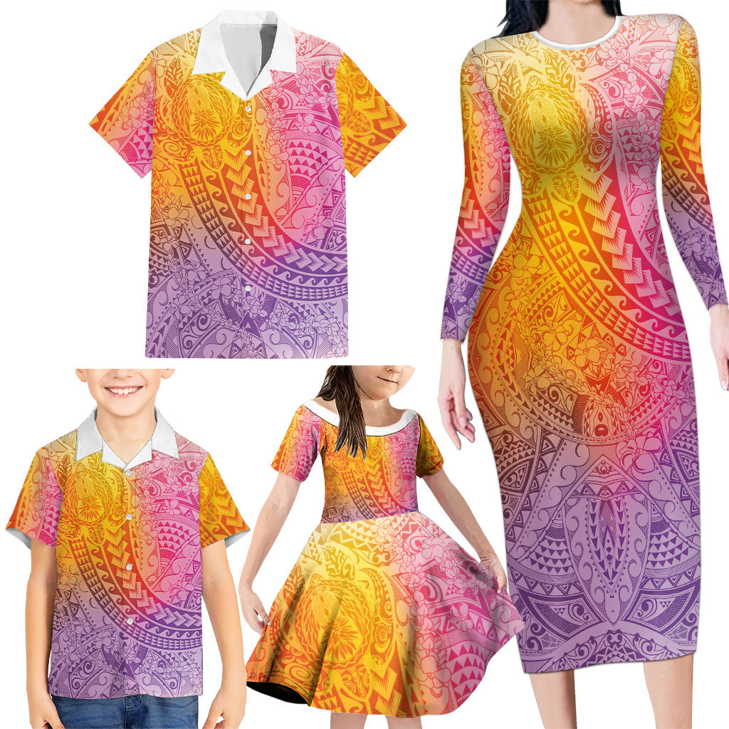 Hawaiian Turtles and Leis Family Matching Long Sleeve Bodycon Dress and Hawaiian Shirt Tribal Kakau Pattern Magical Rainbow Sky