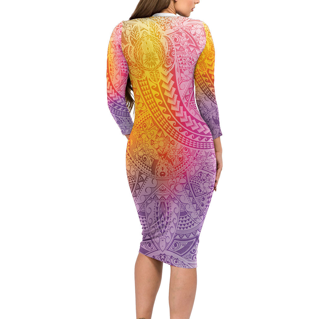 Hawaiian Turtles and Leis Family Matching Long Sleeve Bodycon Dress and Hawaiian Shirt Tribal Kakau Pattern Magical Rainbow Sky