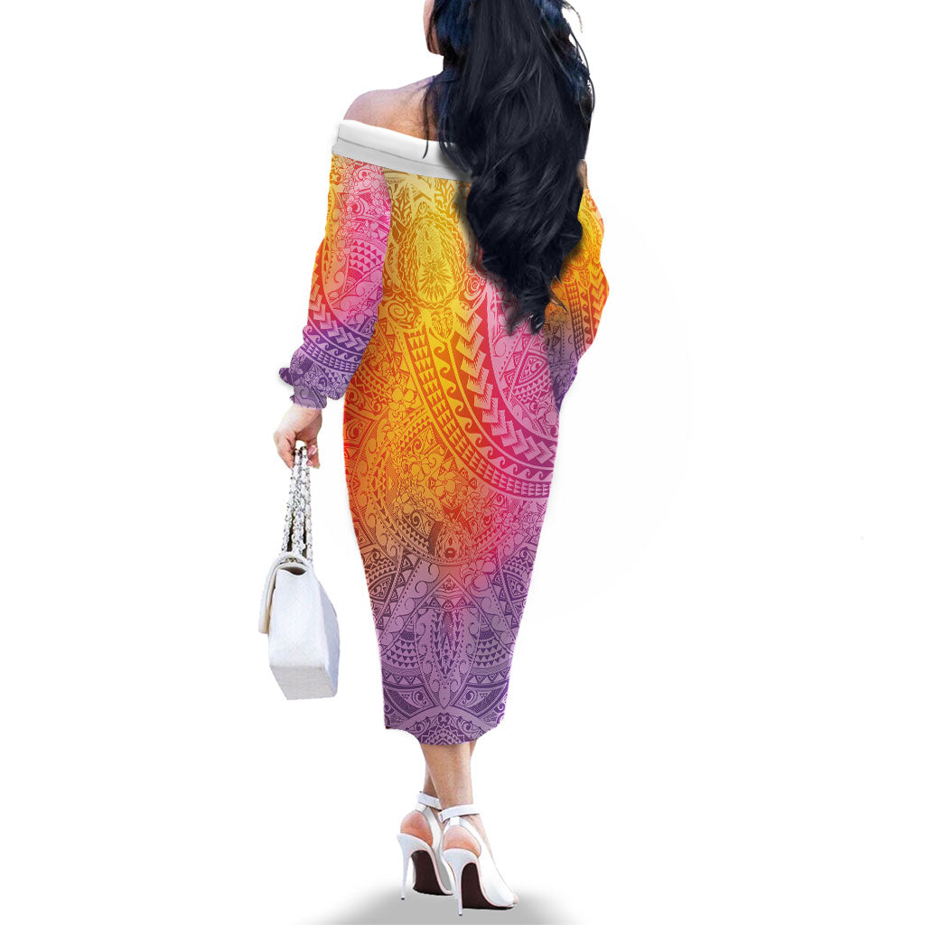 Hawaiian Turtles and Leis Family Matching Off The Shoulder Long Sleeve Dress and Hawaiian Shirt Tribal Kakau Pattern Magical Rainbow Sky