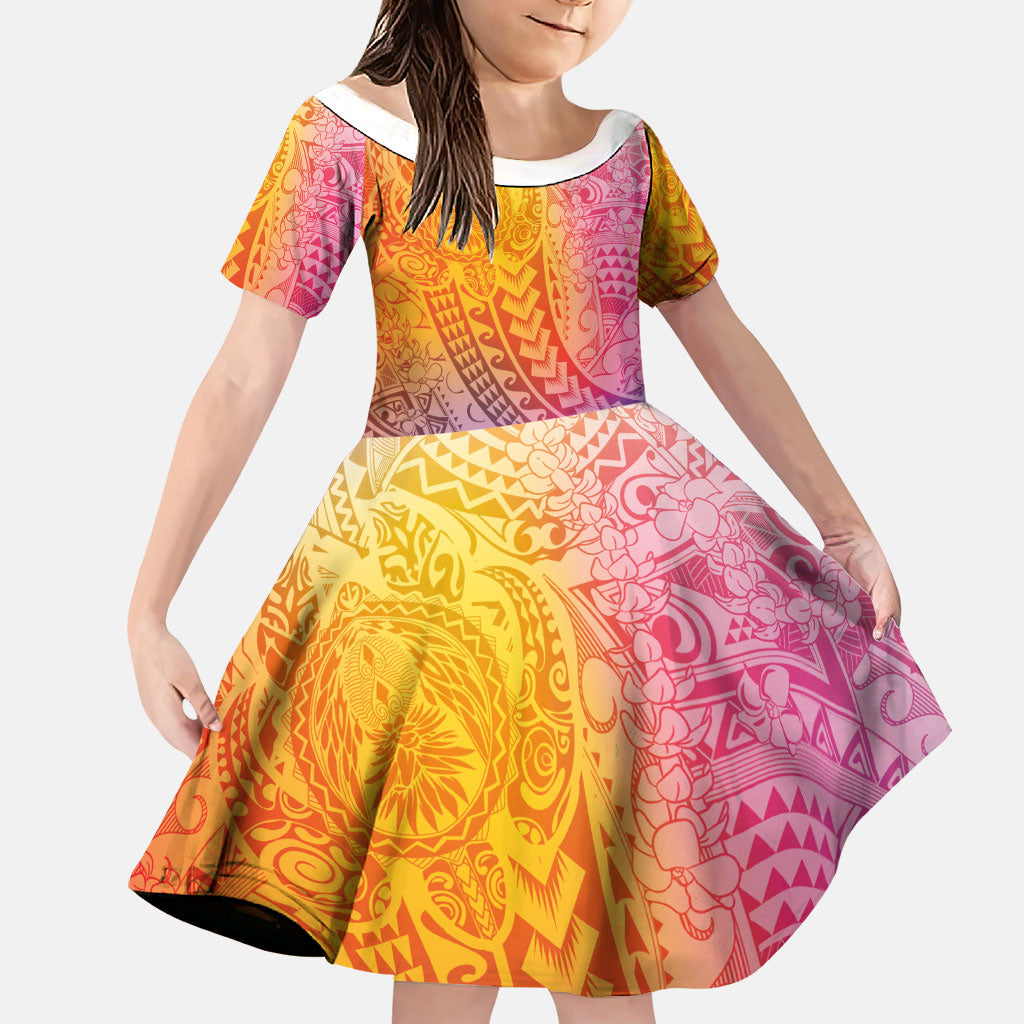 Hawaiian Turtles and Leis Family Matching Off Shoulder Maxi Dress and Hawaiian Shirt Tribal Kakau Pattern Magical Rainbow Sky