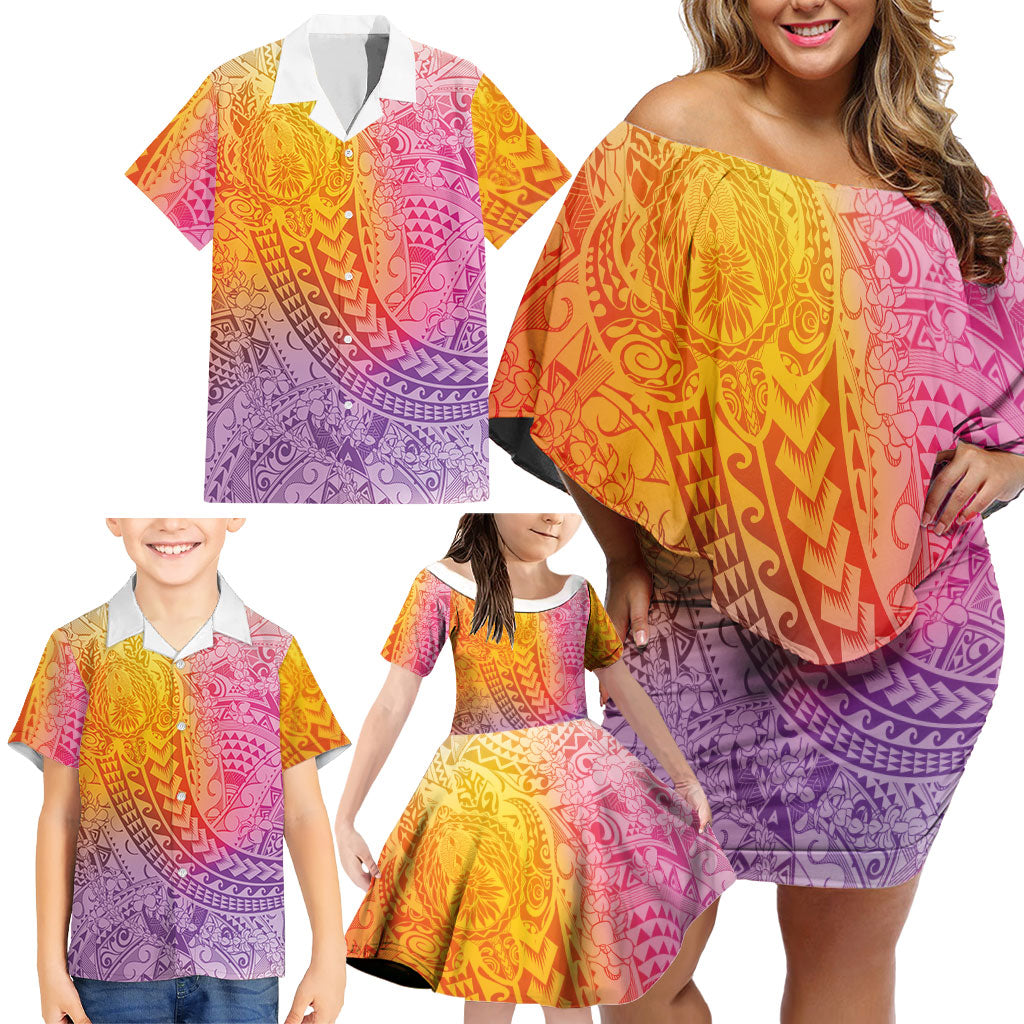 Hawaiian Turtles and Leis Family Matching Off Shoulder Short Dress and Hawaiian Shirt Tribal Kakau Pattern Magical Rainbow Sky LT03 - Polynesian Pride