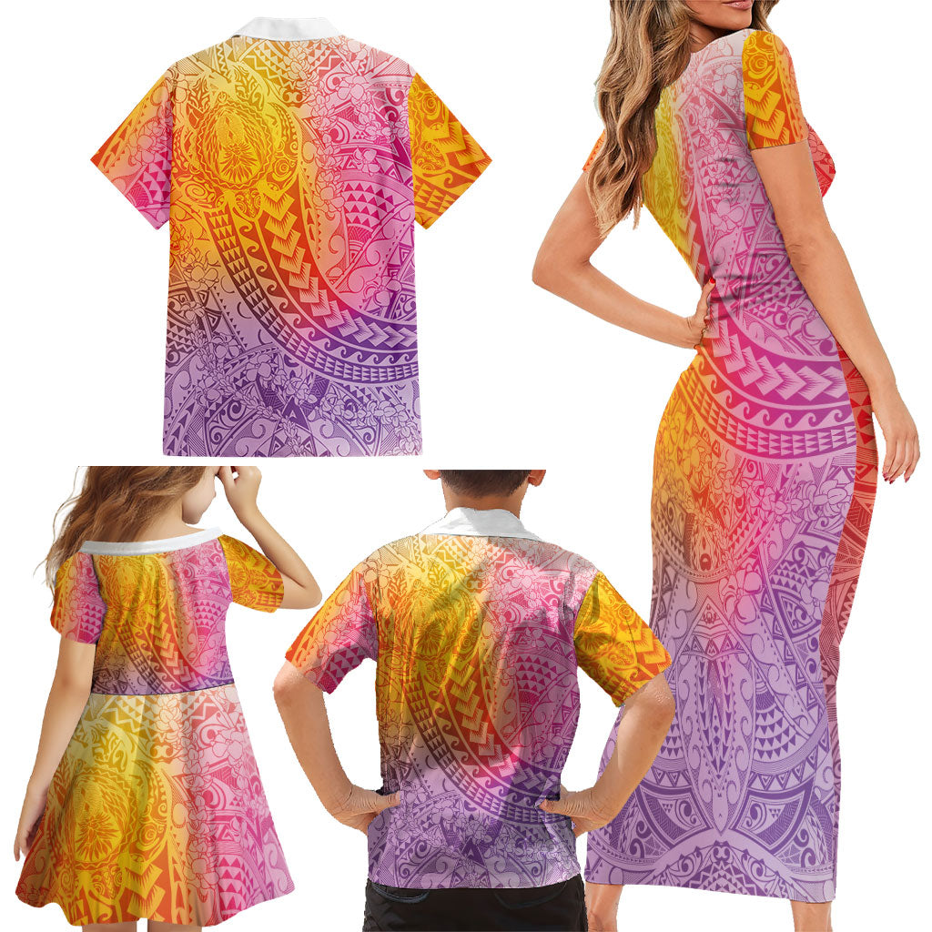 Hawaiian Turtles and Leis Family Matching Short Sleeve Bodycon Dress and Hawaiian Shirt Tribal Kakau Pattern Magical Rainbow Sky