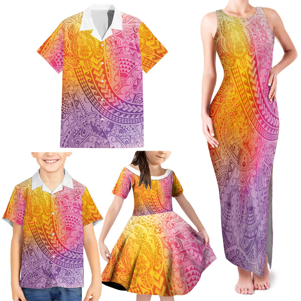Hawaiian Turtles and Leis Family Matching Tank Maxi Dress and Hawaiian Shirt Tribal Kakau Pattern Magical Rainbow Sky