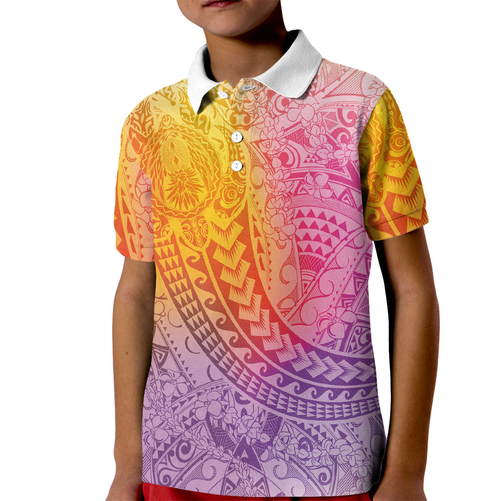 Hawaiian Turtles and Leis Kid Polo Shirt Tribal Kakau Pattern Magical Rainbow Sky