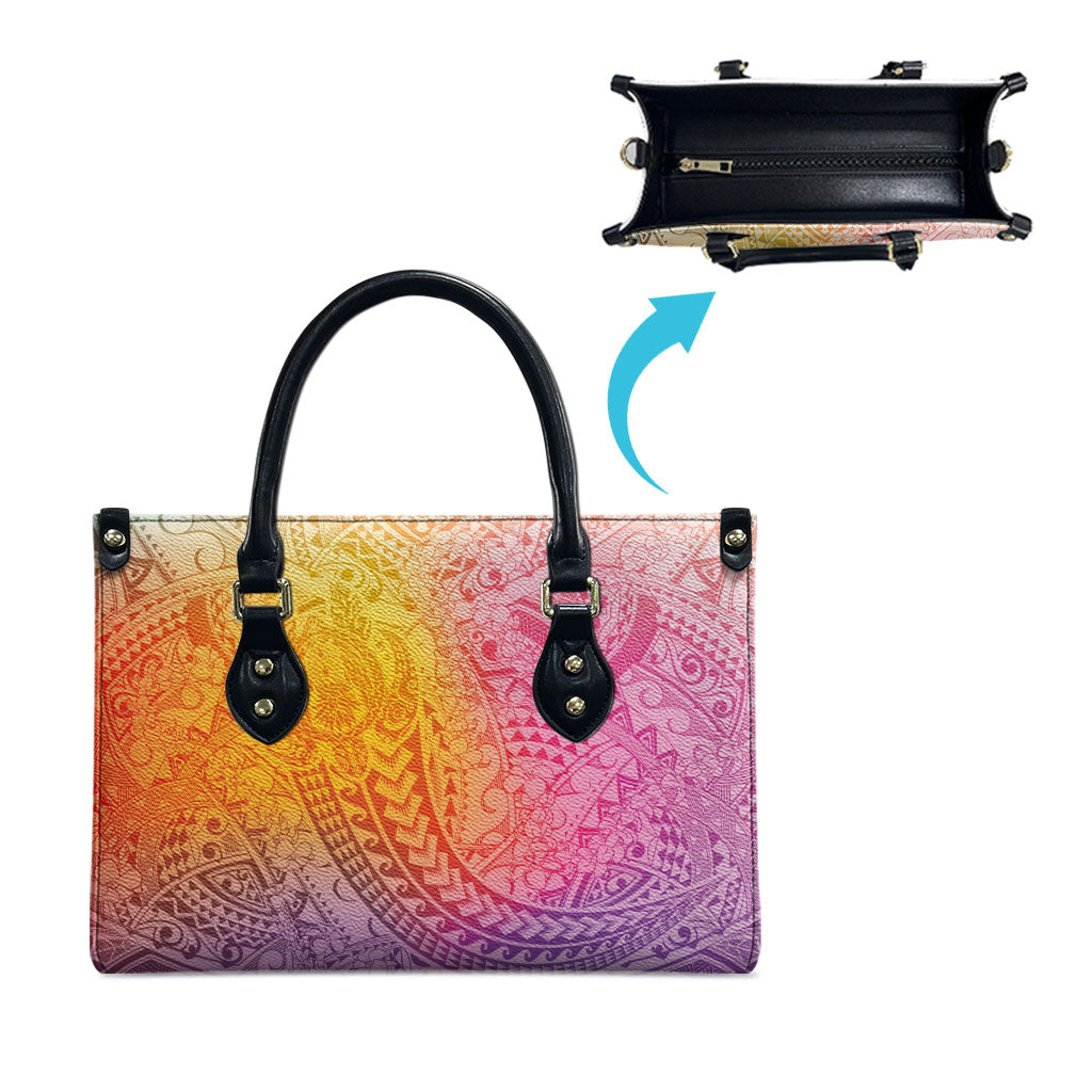 Hawaiian Turtles and Leis Leather Bag Tribal Kakau Pattern Magical Rainbow Sky