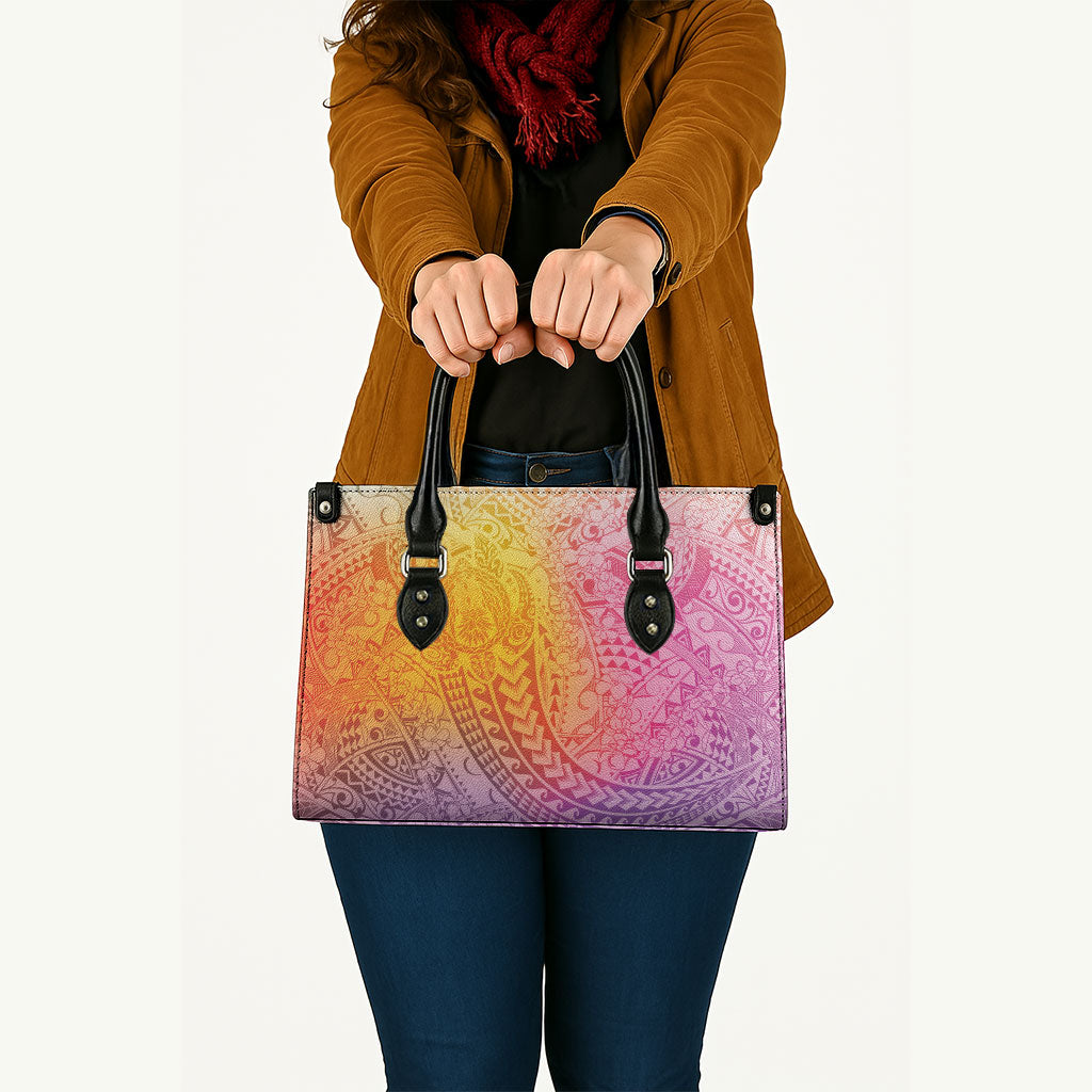 Hawaiian Turtles and Leis Leather Bag Tribal Kakau Pattern Magical Rainbow Sky