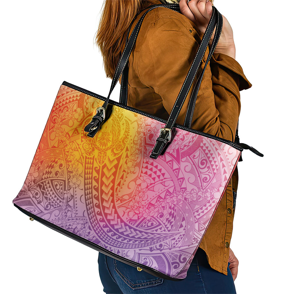 Hawaiian Turtles and Leis Leather Tote Bag Tribal Kakau Pattern Magical Rainbow Sky