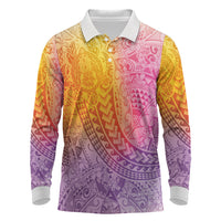 Hawaiian Turtles and Leis Long Sleeve Polo Shirt Tribal Kakau Pattern Magical Rainbow Sky