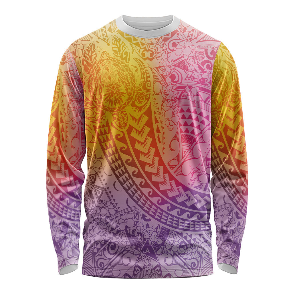 Hawaiian Turtles and Leis Long Sleeve Shirt Tribal Kakau Pattern Magical Rainbow Sky LT03 Unisex Multicolor - Polynesian Pride