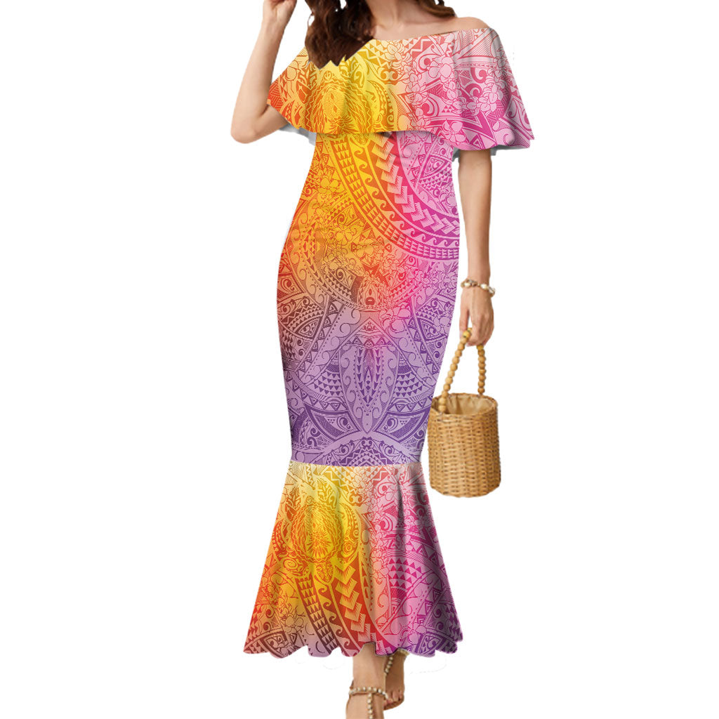 Hawaiian Turtles and Leis Mermaid Dress Tribal Kakau Pattern Magical Rainbow Sky LT03 Women Multicolor - Polynesian Pride