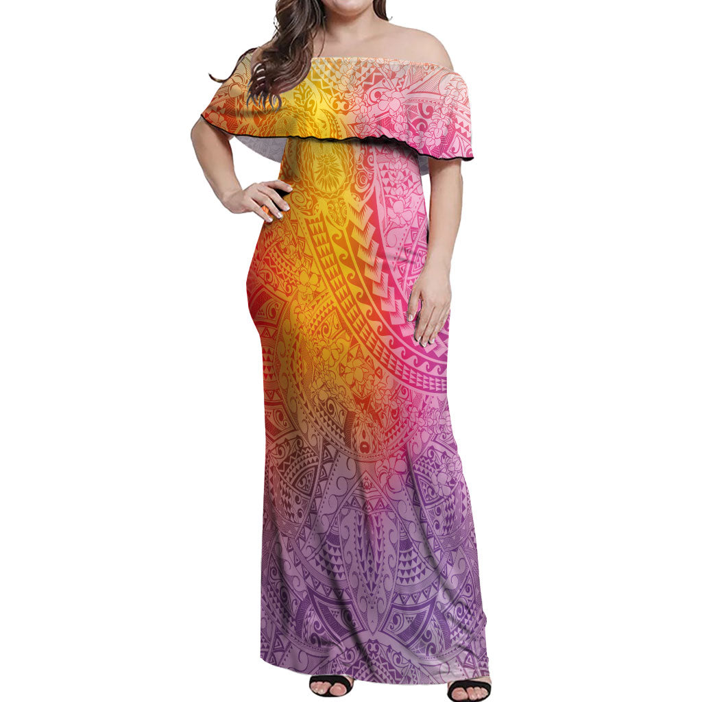 Hawaiian Turtles and Leis Off Shoulder Maxi Dress Tribal Kakau Pattern Magical Rainbow Sky LT03 Women Multicolor - Polynesian Pride