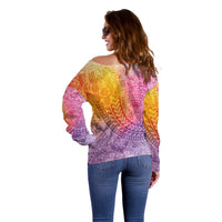 Hawaiian Turtles and Leis Off Shoulder Sweater Tribal Kakau Pattern Magical Rainbow Sky