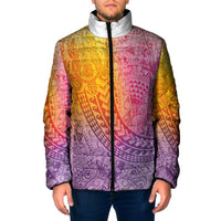 Hawaiian Turtles and Leis Padded Jacket Tribal Kakau Pattern Magical Rainbow Sky