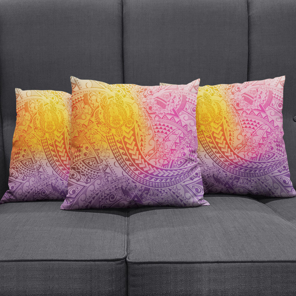 Hawaiian Turtles and Leis Pillow Cover Tribal Kakau Pattern Magical Rainbow Sky