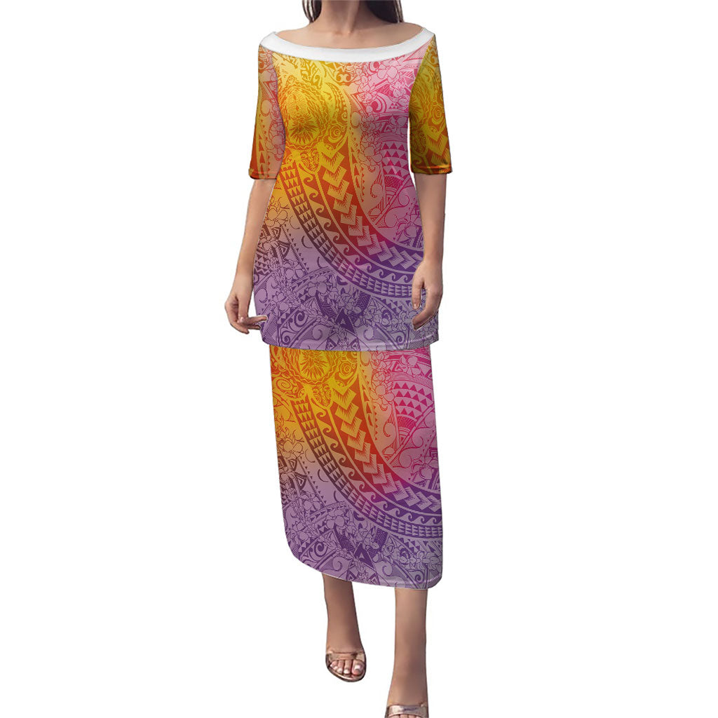 Hawaiian Turtles and Leis Puletasi Tribal Kakau Pattern Magical Rainbow Sky