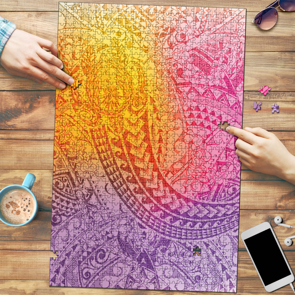 Hawaiian Turtles and Leis Puzzle Tribal Kakau Pattern Magical Rainbow Sky