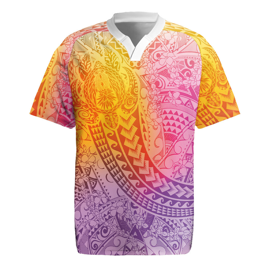 Hawaiian Turtles and Leis Rugby Jersey Tribal Kakau Pattern Magical Rainbow Sky