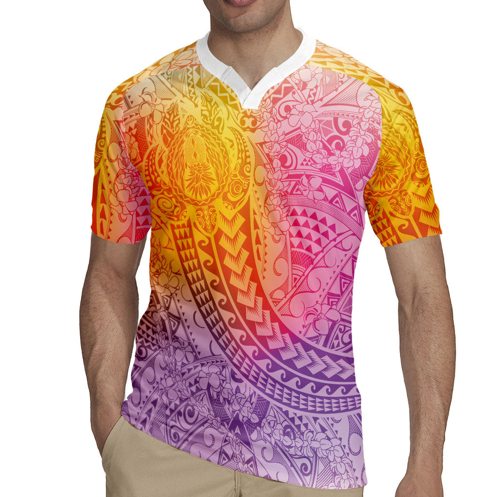 Hawaiian Turtles and Leis Rugby Jersey Tribal Kakau Pattern Magical Rainbow Sky