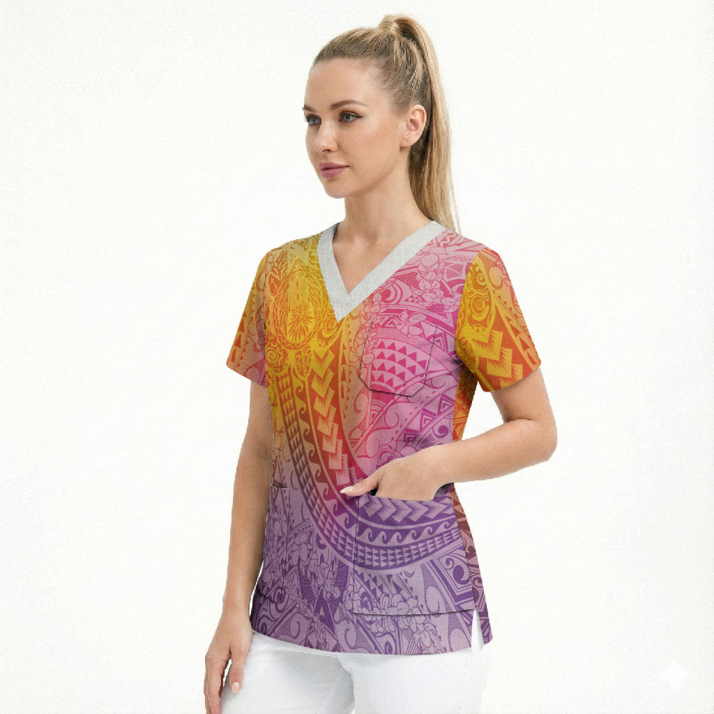 Hawaiian Turtles and Leis Scrub Top Tribal Kakau Pattern Magical Rainbow Sky