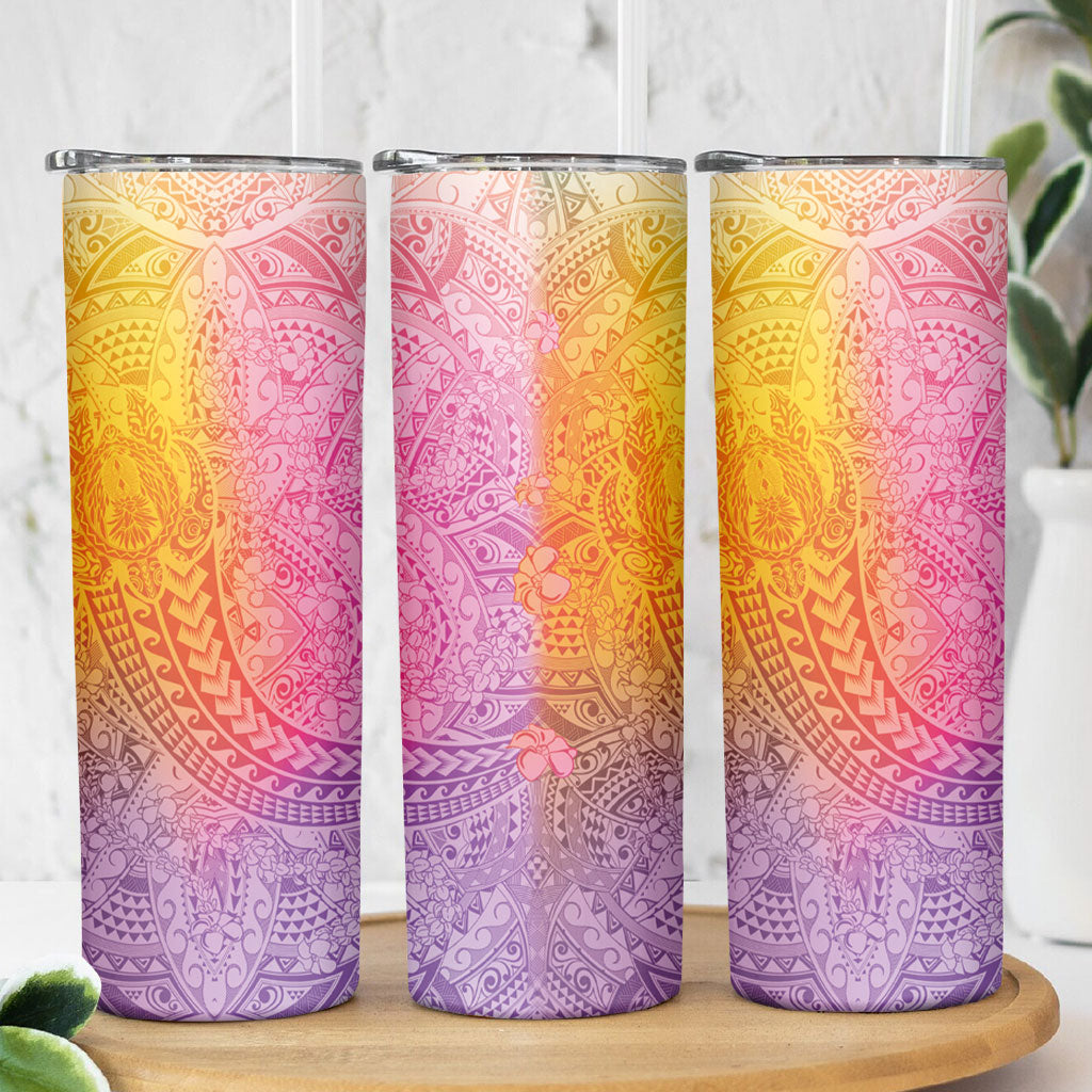 Hawaiian Turtles and Leis Skinny Tumbler Tribal Kakau Pattern Magical Rainbow Sky