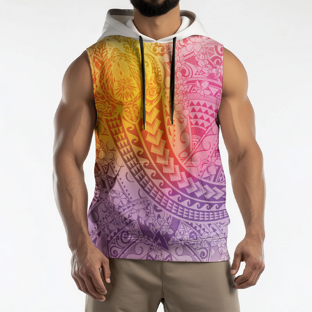 Hawaiian Turtles and Leis Sleeveless Hoodie Tribal Kakau Pattern Magical Rainbow Sky