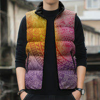 Hawaiian Turtles and Leis Sleeveless Puffer Jacket Tribal Kakau Pattern Magical Rainbow Sky