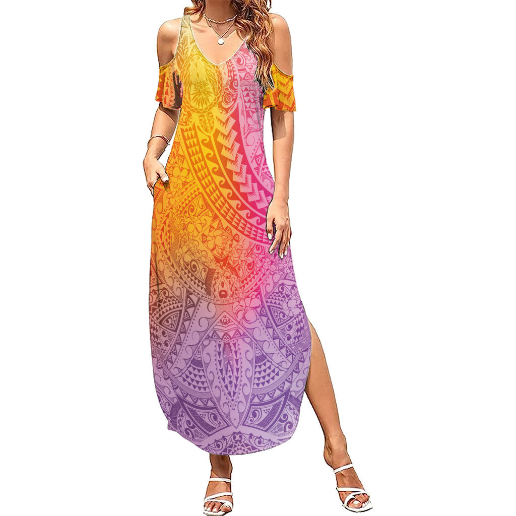 Hawaiian Turtles and Leis Summer Maxi Dress Tribal Kakau Pattern Magical Rainbow Sky LT03 Women Multicolor - Polynesian Pride