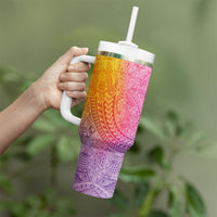 Hawaiian Turtles and Leis Tumbler With Handle Tribal Kakau Pattern Magical Rainbow Sky