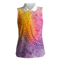 Hawaiian Turtles and Leis Women Sleeveless Polo Shirt Tribal Kakau Pattern Magical Rainbow Sky