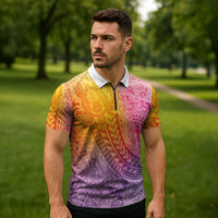 Hawaiian Turtles and Leis Zipper Polo Shirt Tribal Kakau Pattern Magical Rainbow Sky