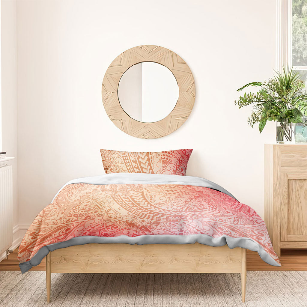 Hawaiian Turtles and Leis Bedding Set Tribal Kakau Pattern Peach Fuzz Color
