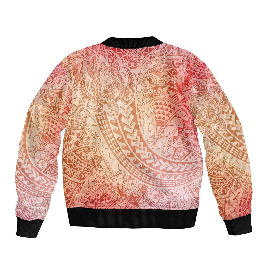 Hawaiian Turtles and Leis Bomber Jacket Tribal Kakau Pattern Peach Fuzz Color