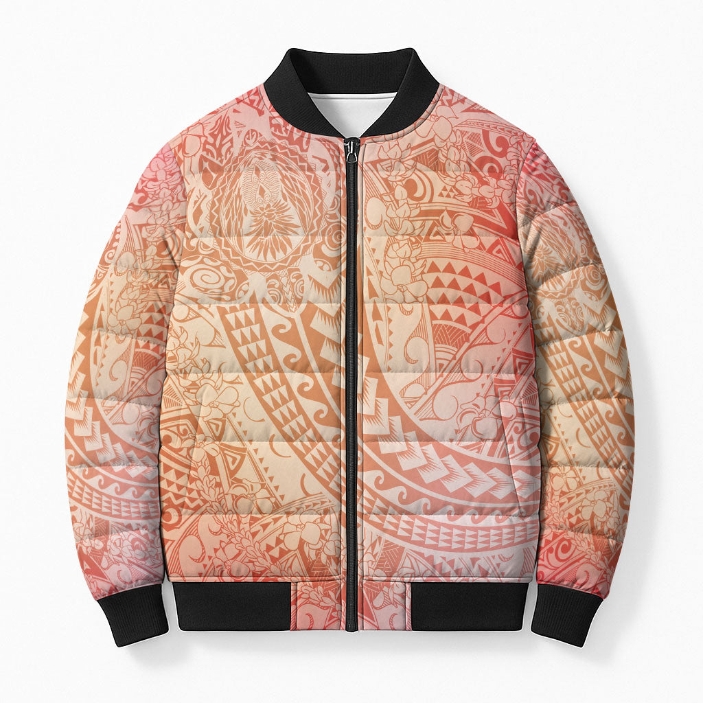 Hawaiian Turtles and Leis Bomber Puffer Jacket Tribal Kakau Pattern Peach Fuzz Color LT03 Unisex Peach Fuzz - Polynesian Pride