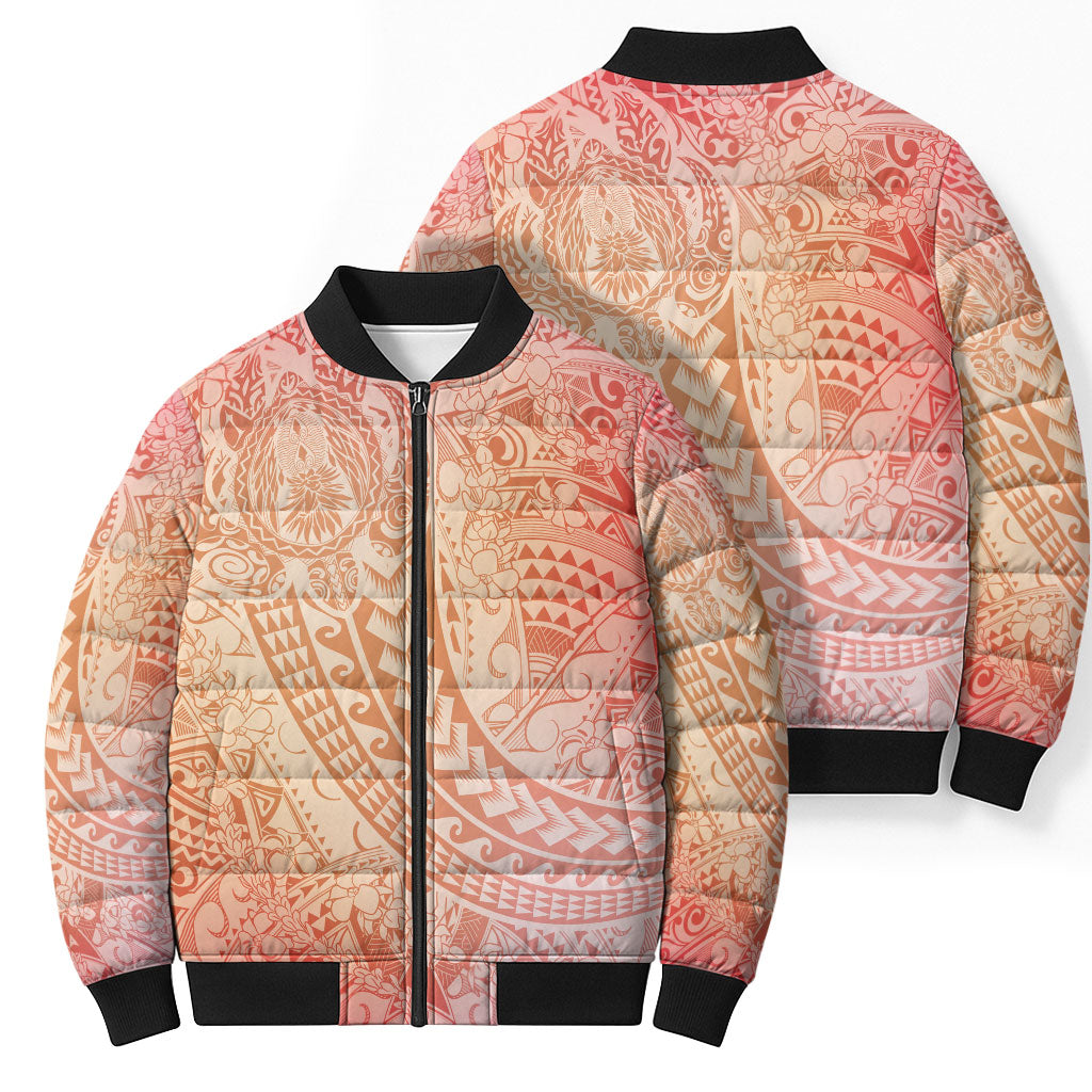 Hawaiian Turtles and Leis Bomber Puffer Jacket Tribal Kakau Pattern Peach Fuzz Color