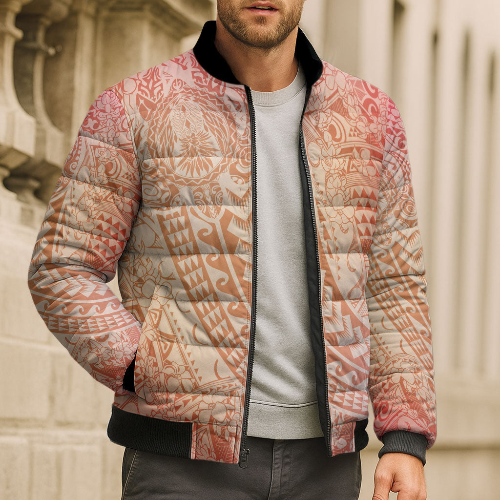 Hawaiian Turtles and Leis Bomber Puffer Jacket Tribal Kakau Pattern Peach Fuzz Color