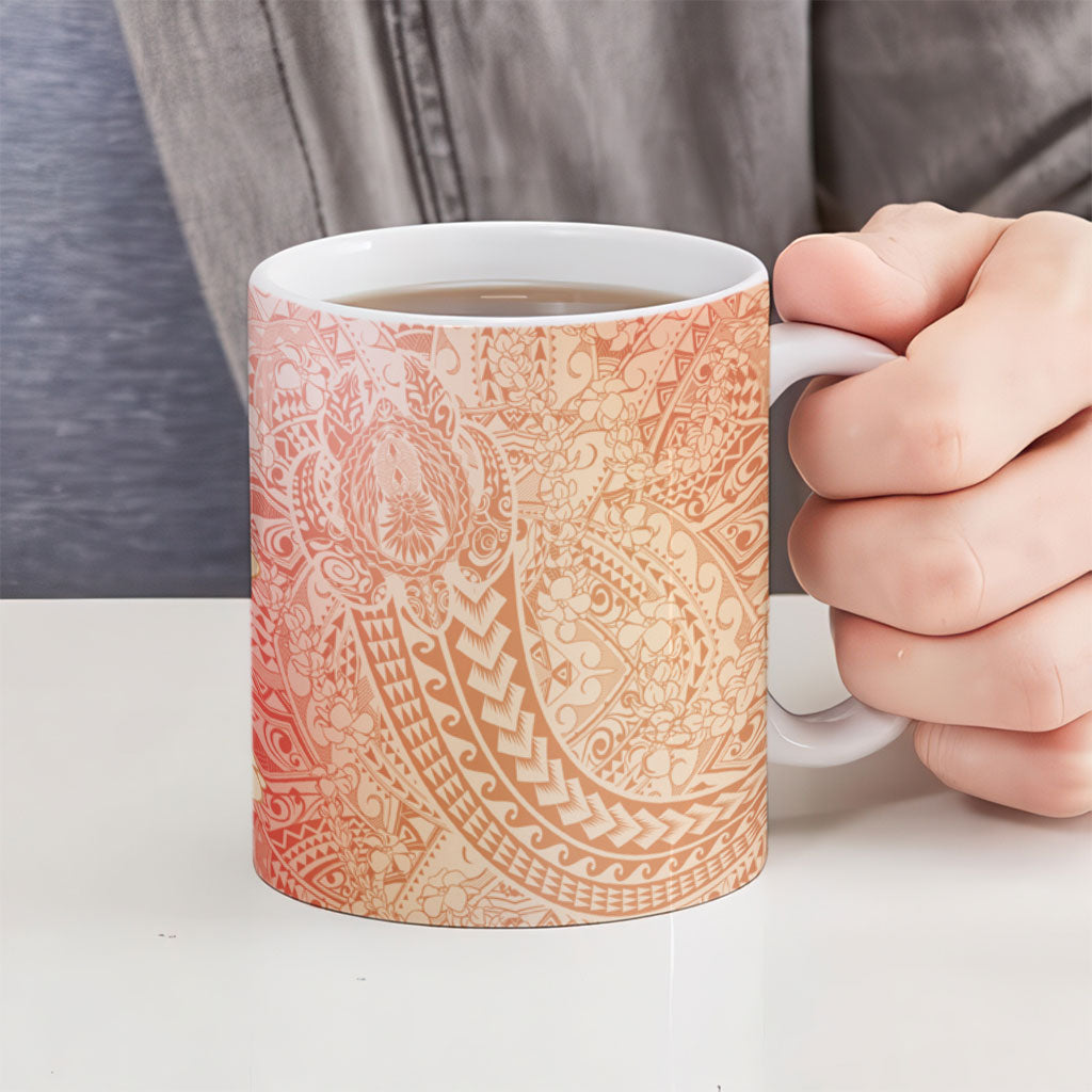 Hawaiian Turtles and Leis Ceramic Mug Tribal Kakau Pattern Peach Fuzz Color