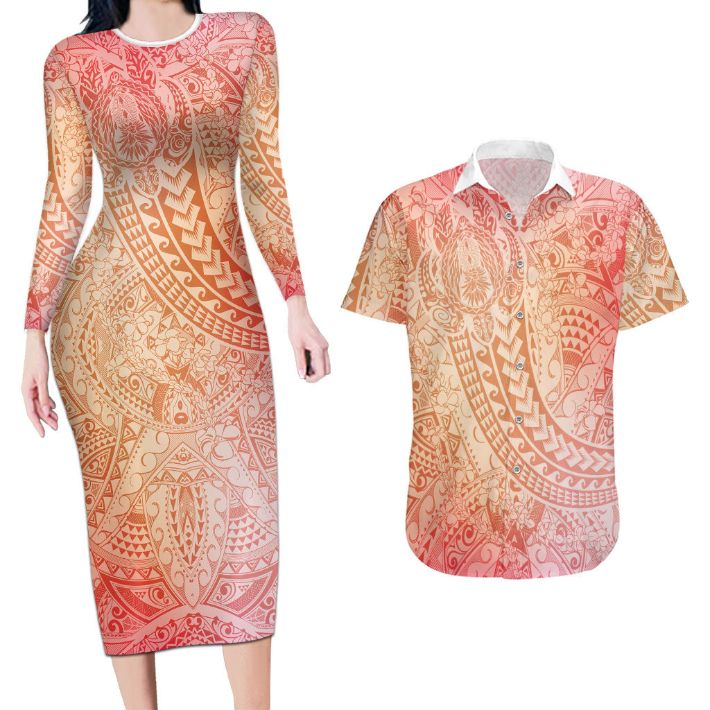 Hawaiian Turtles and Leis Couples Matching Long Sleeve Bodycon Dress and Hawaiian Shirt Tribal Kakau Pattern Peach Fuzz Color